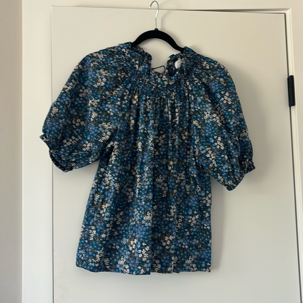 J. Crew Smocked Neck Puff Sleeve Top in Liberty Fabric Sea Blossoms